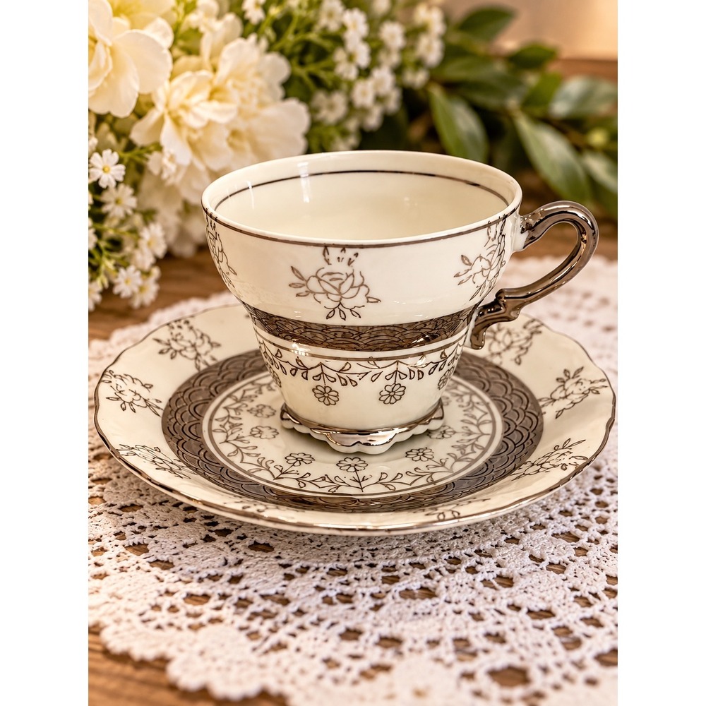 Vintage Sterling China Japan Tea Cup Saucer Set Silver Colored Floral White